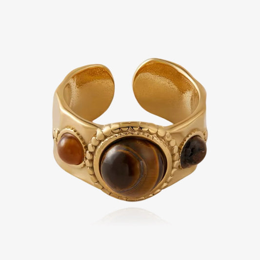 Front view of tiger eye boho ring with rustic texture