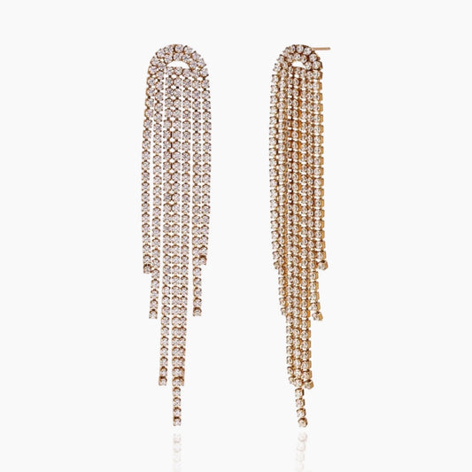 Front view of Waterfall Sparkle crystal tassel earrings