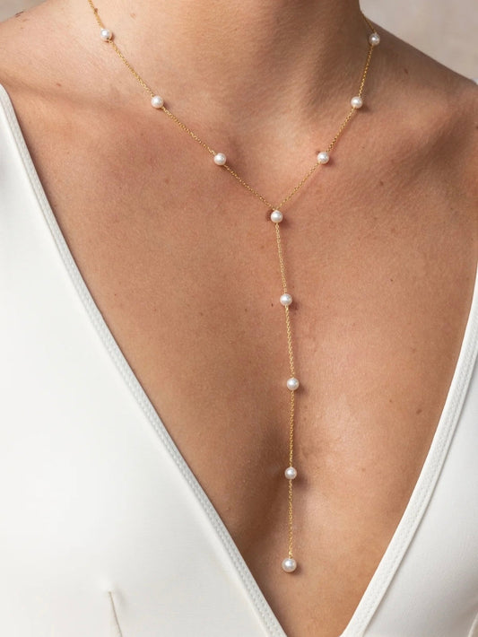 Y shape dainty pearl necklace with tie lariat chain