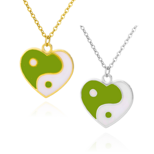 Yin Yang heart necklace – front view in sage green